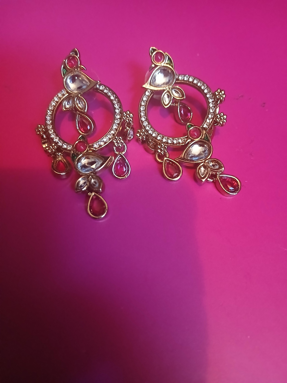 Gold-Tone Pink Teardrop Hoop Earrings
